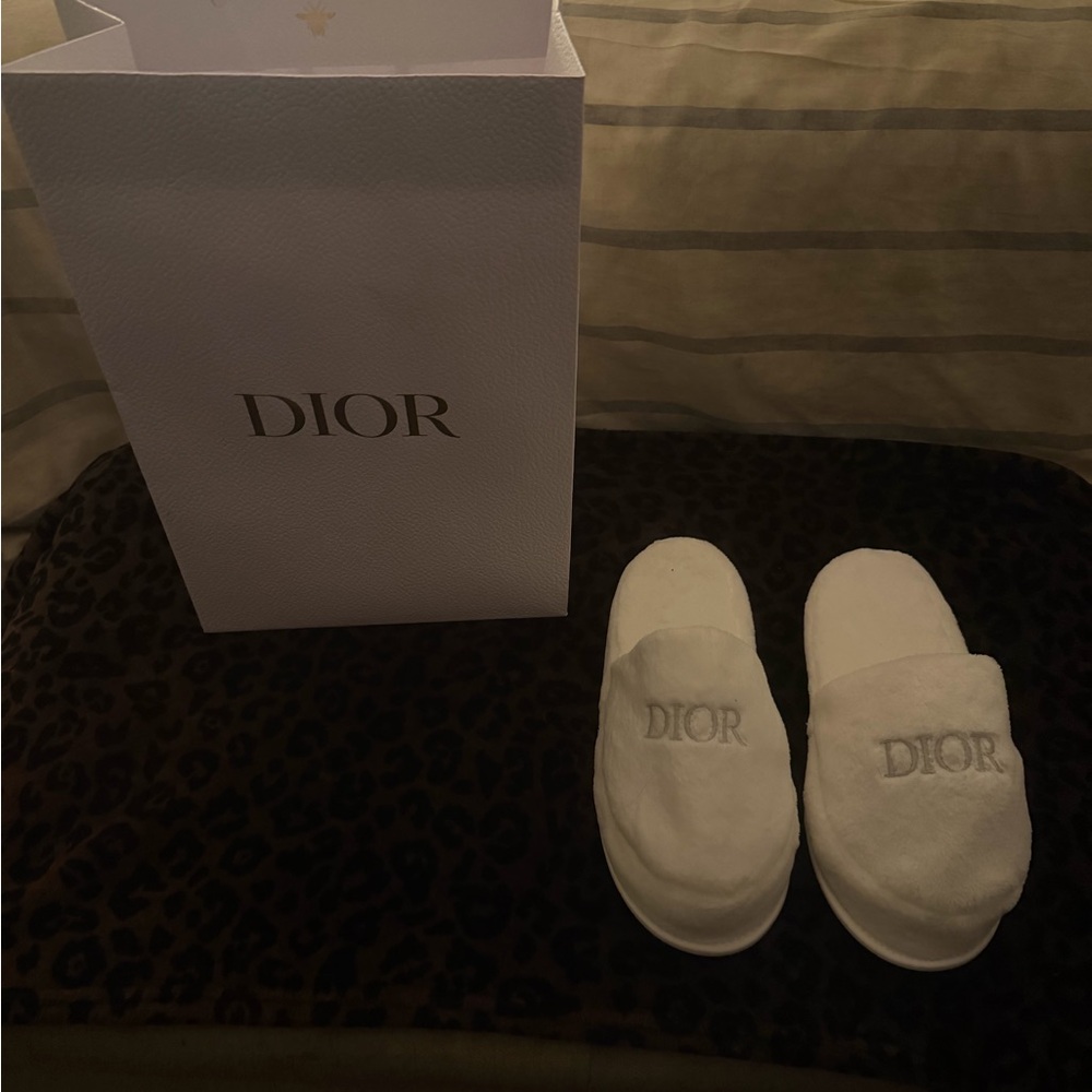 Dior White Plush Logo Slippers